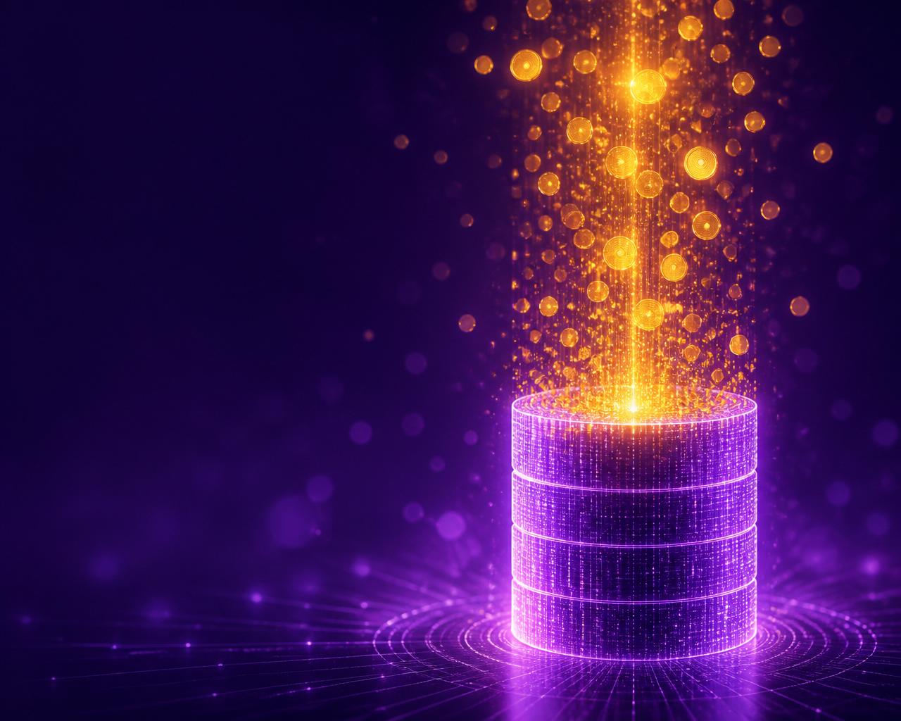 Abstract glowing database transforming into rising streams of golden revenue particles